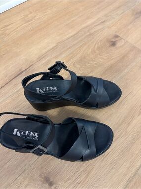 Kork-Ease Black Leather Crisscross Slingback Wedge Sandals